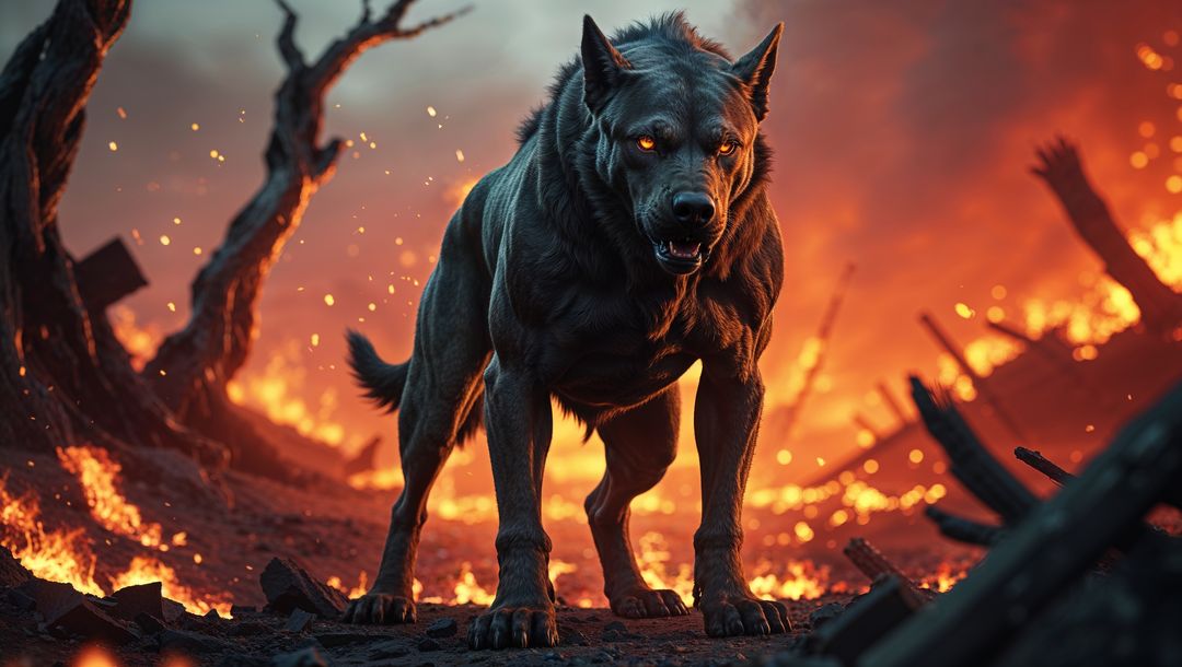 Mythical Wolflike Creature Amidst Flamming Ruins