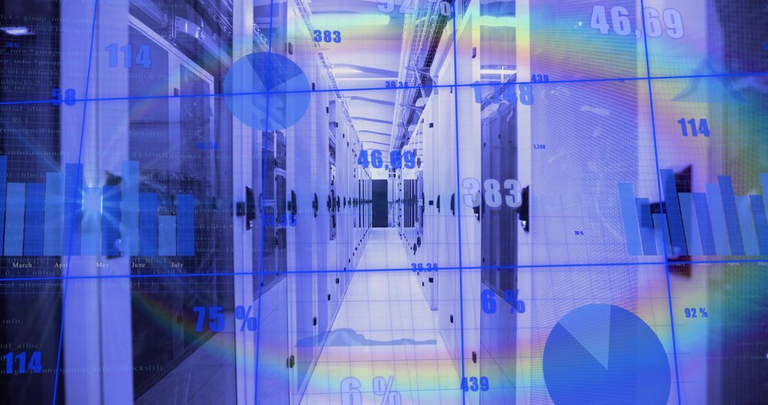 Futuristic Data Center Corridor with Digital Analytics Overlay