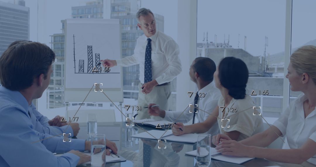 Business Presentation with Digital Overlay in Modern Office Setting
