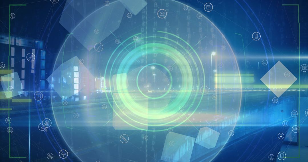 Futuristic Digital Network with Tech Icons and Data Visualization