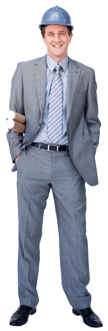 Smiling Architect Holding Blueprints with Transparent Background