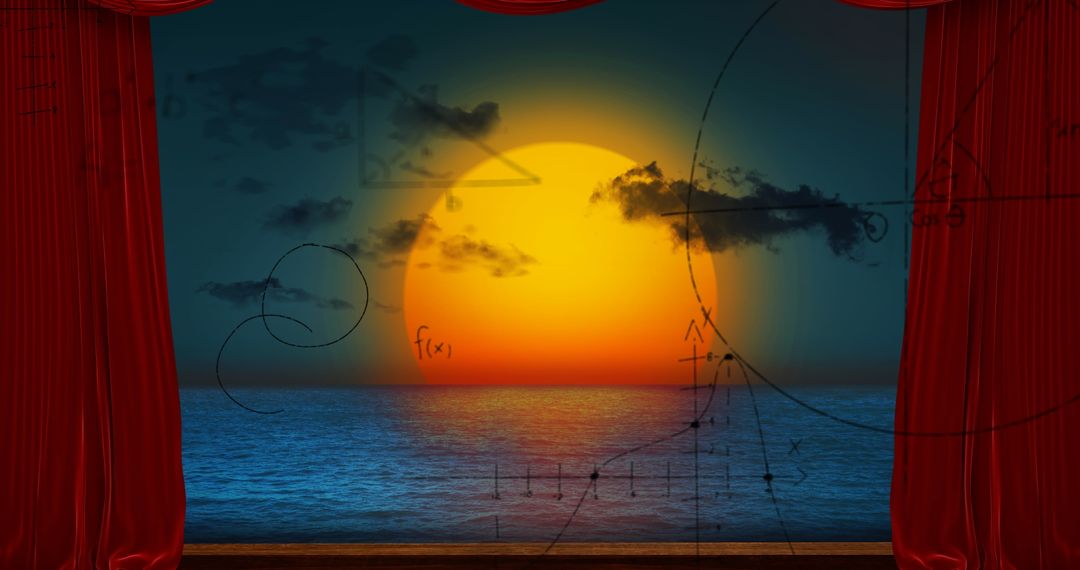 Mathematical Equations Over Sunset Ocean Scene with Red Curtain
