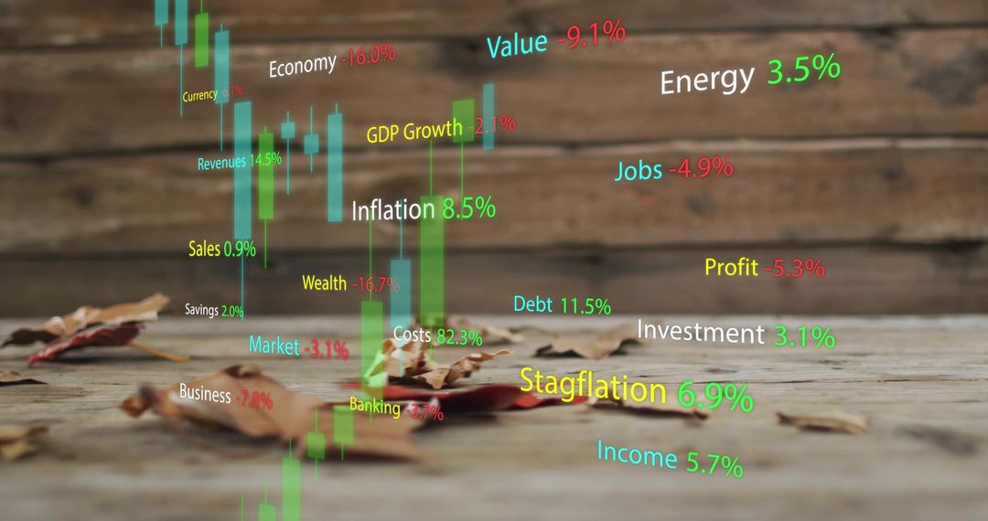 Stagflation Concept Over Rustic Wood with Candlestick Charts and Autumn Leaves