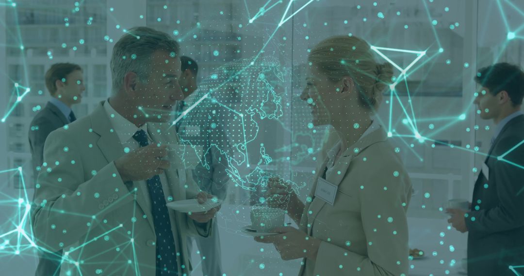 Business Professionals Networking with Digital Interface Overlay