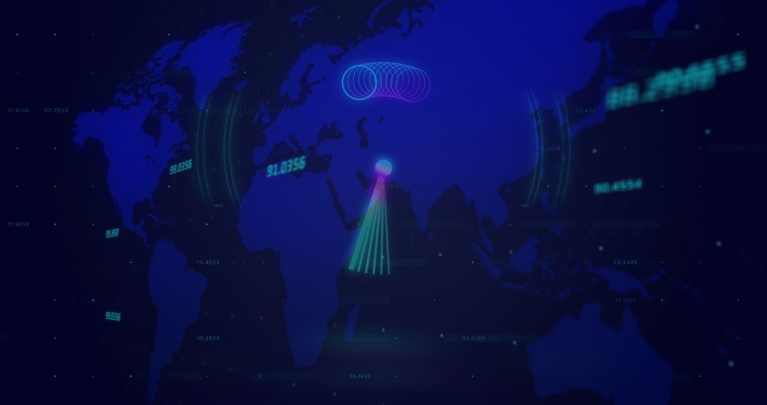 Neon Digital World Map with Global Finance Elements