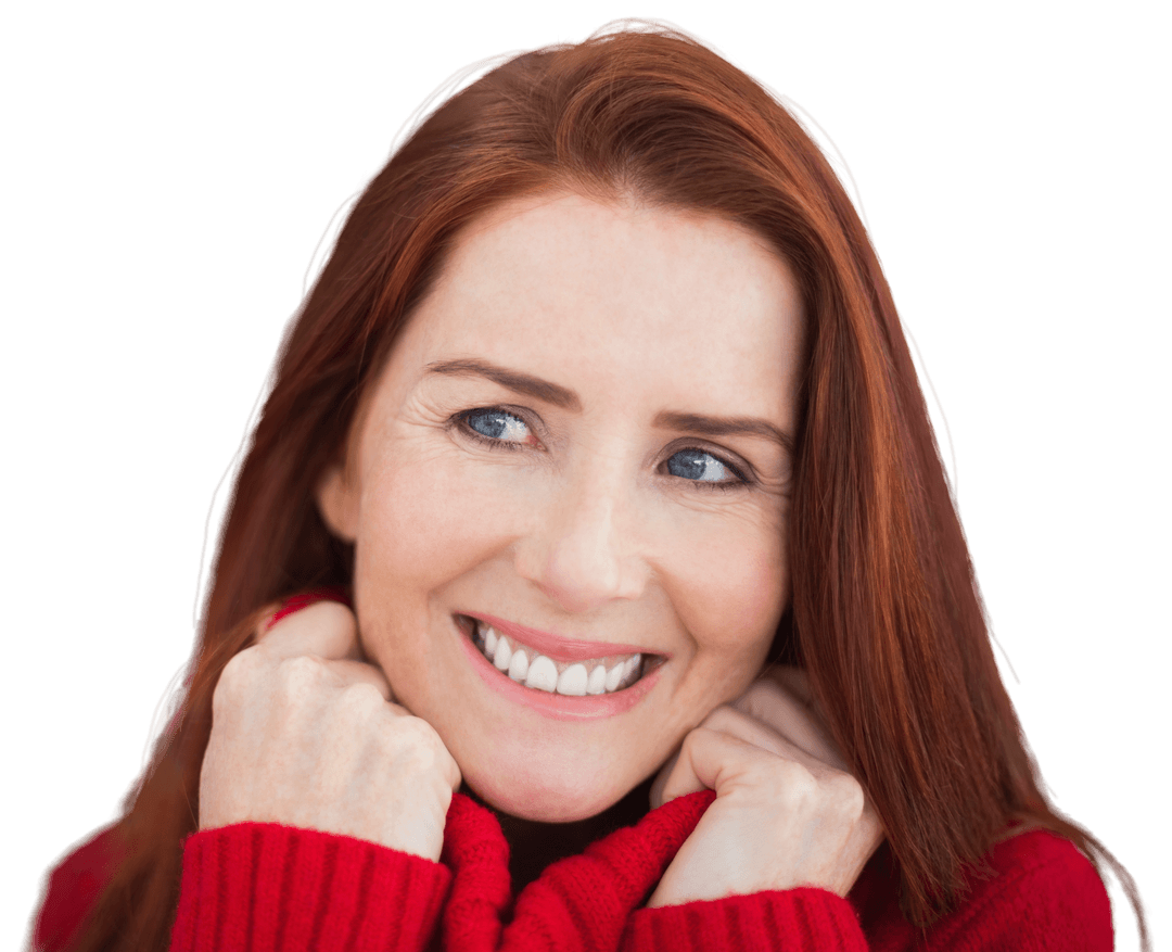 Caucasian Woman Smiling in Red Sweater on Transparent Background