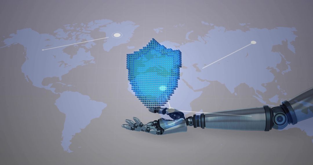 Robotic Arm Presenting Digital Shield with Tech Nodes World Map