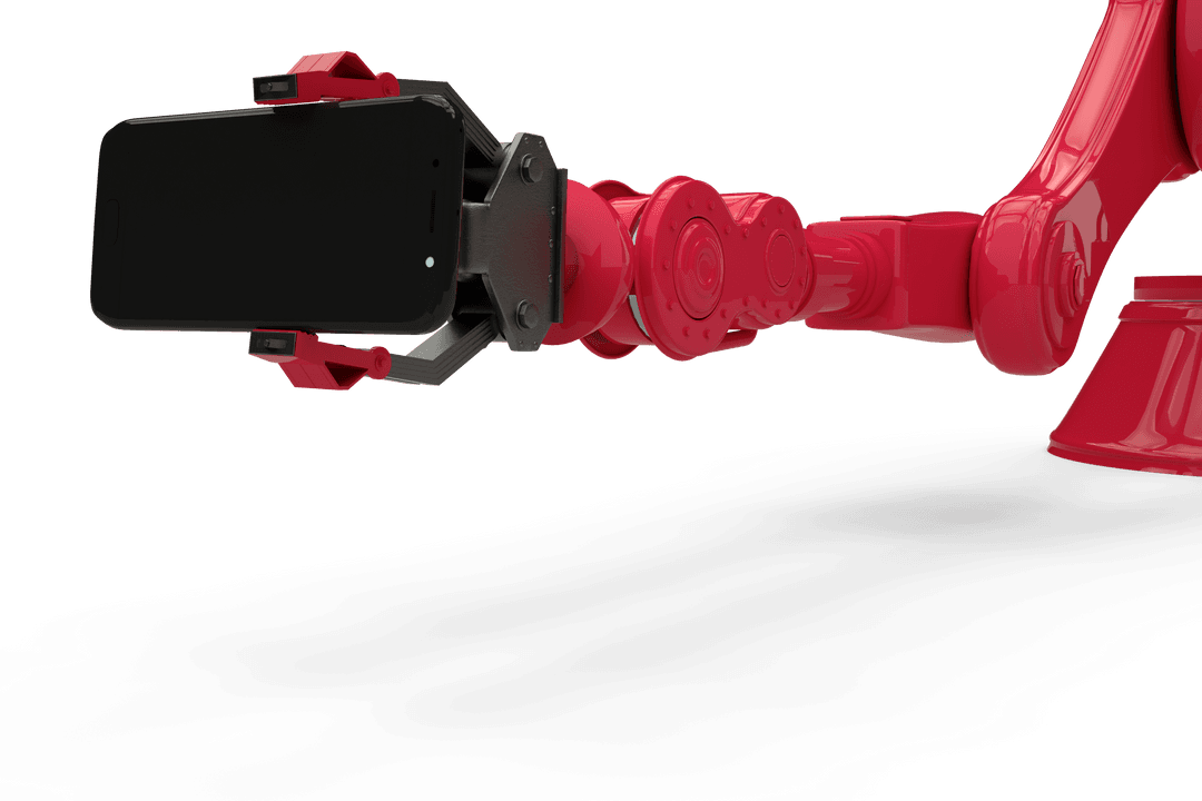 Red Robotic Arm Presenting Mobile Phone on Transparent Background