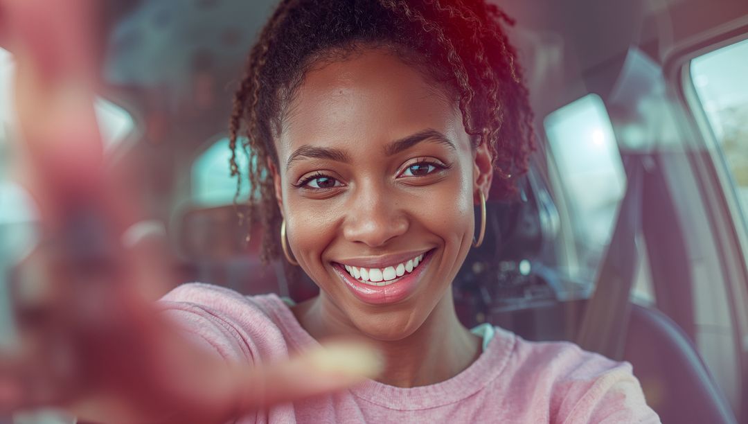 Young woman taking selfie inside car smiling with hand gesture