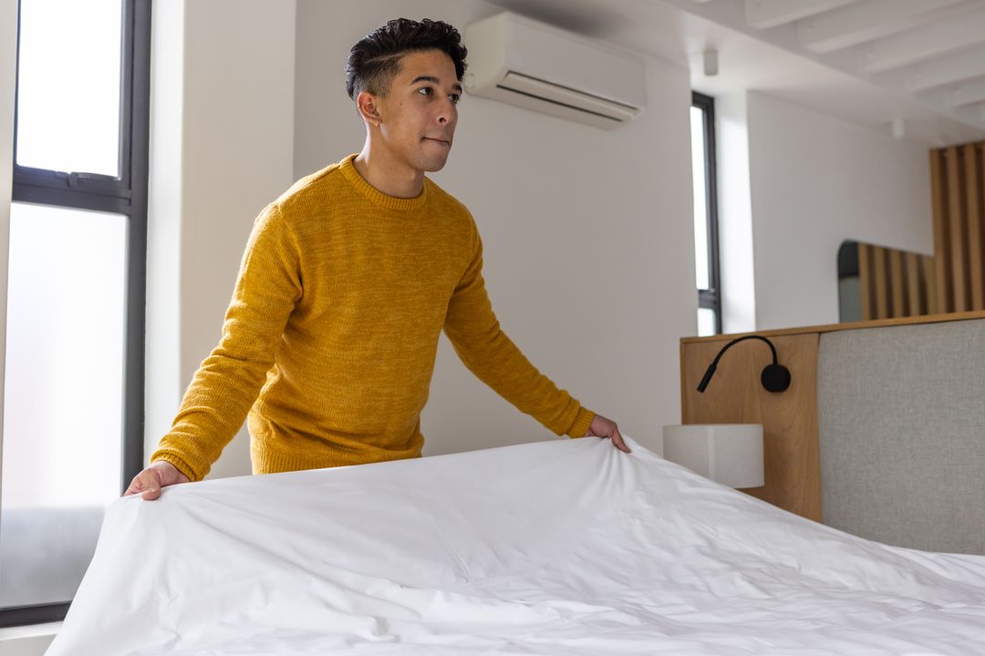 Man Dressing Quiet Room Modern Mustard Sweater Tidy Works Smartly Interior