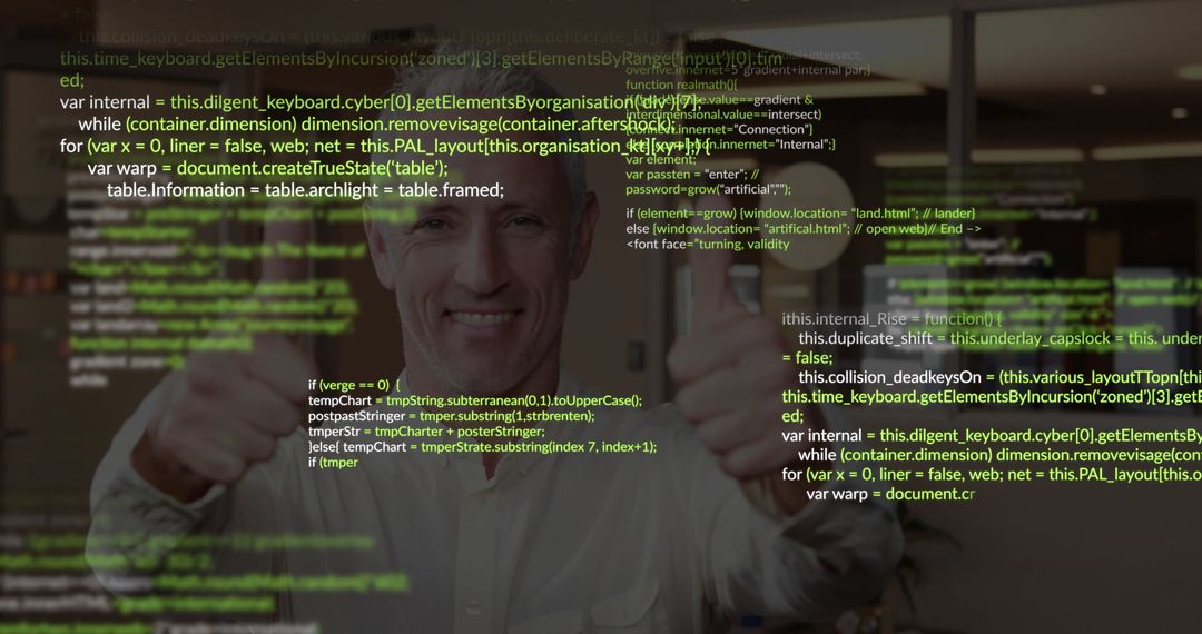 Senior Developer Thumbs Up with JavaScript Code Overlay in Tech Office