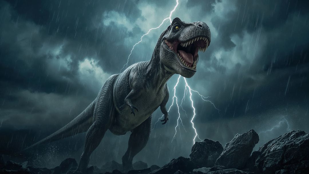 Dramatic T-Rex Roaring Amidst Storm and Lightning