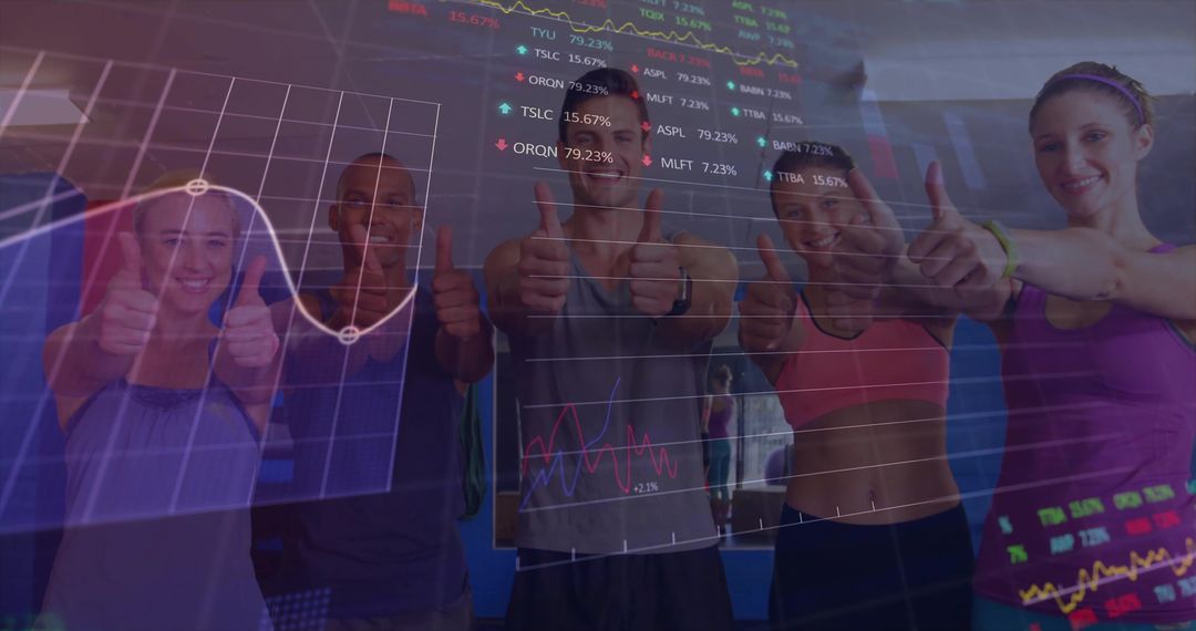 Fitness and Financial Growth: Smiling Group with Stock Chart Graphics