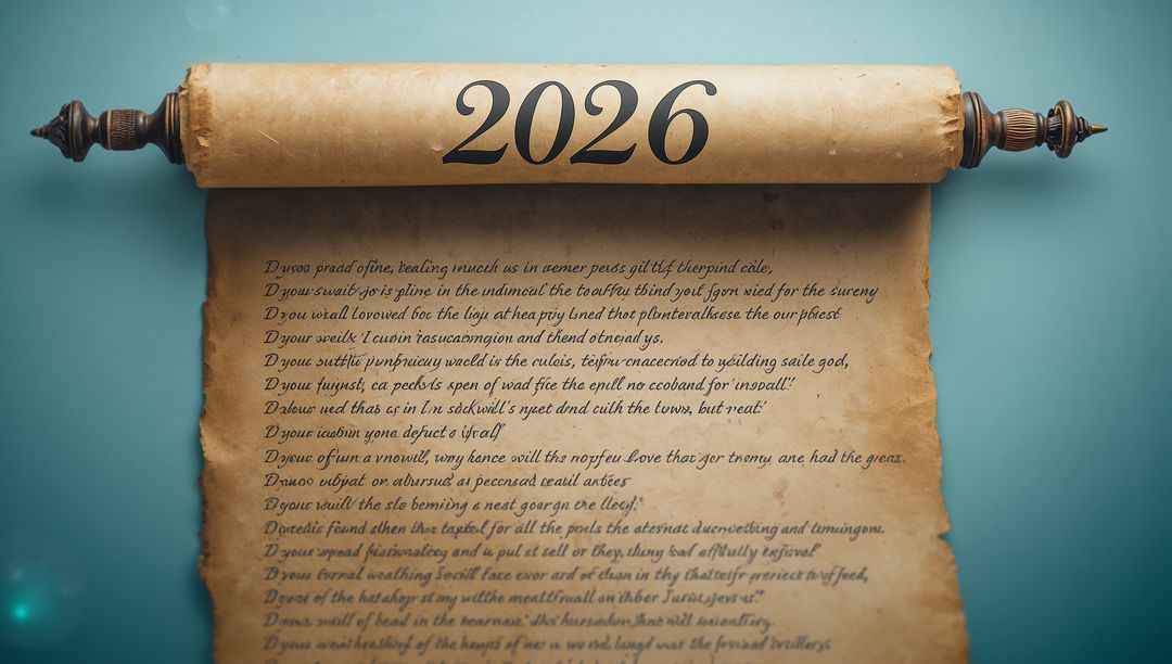Displaying antique parchment scroll with bold 2026 print and ornate wooden finials