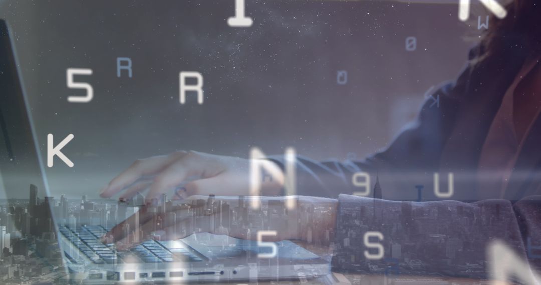 Businesswoman Typing on Laptop with Floating Text and Cityscape
