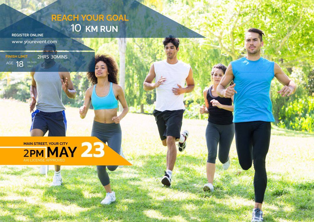 Diverse Group Running in Park Promoting Fitness Event and Health Goals