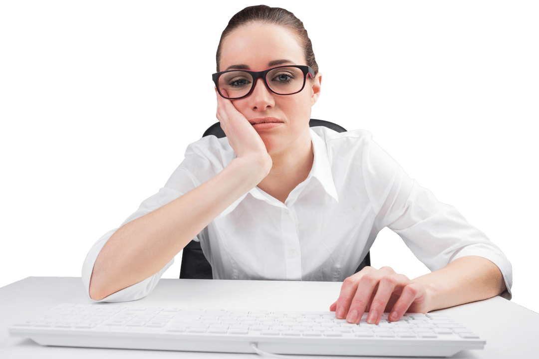 Transparent Businesswoman Typing a Keyboard Tiredly Expression