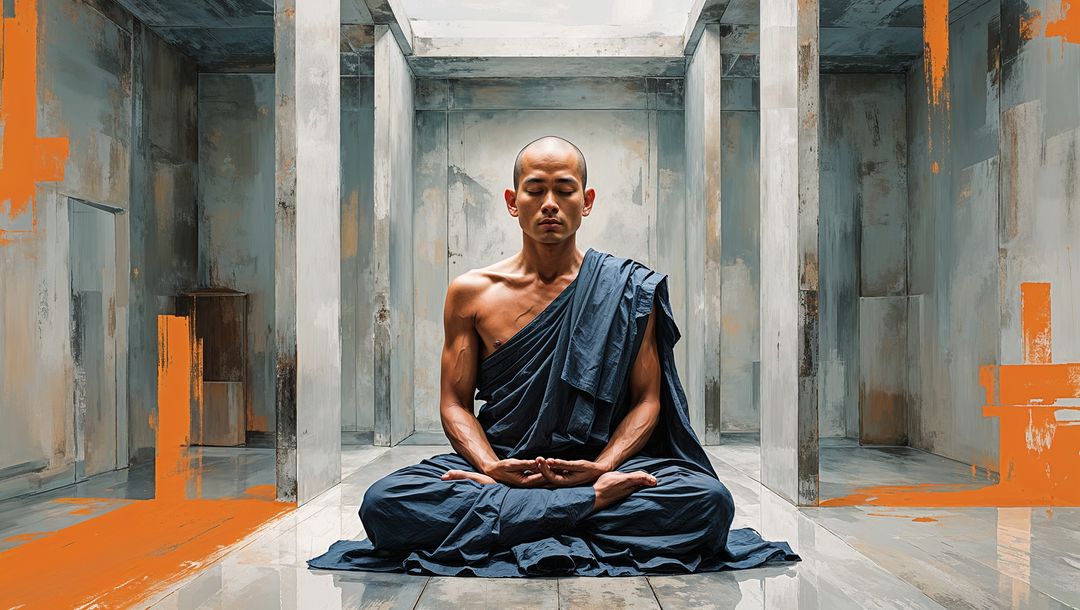 Monk Meditating in Tranquil Concrete Chamber Setting