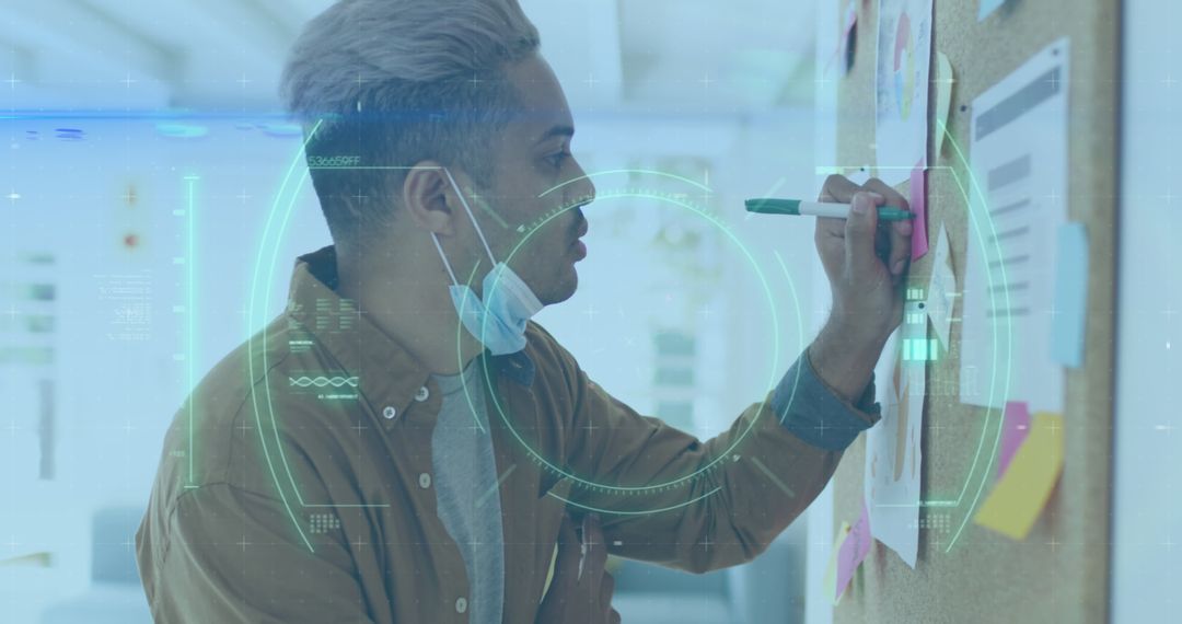 Biracial Businessman Strategizing with Futuristic Interface