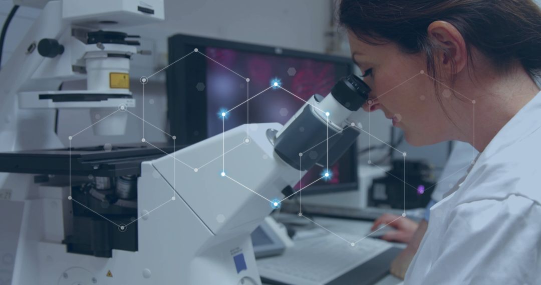 Female Scientist Analyzing Samples Under Microscope with Digital Overlay