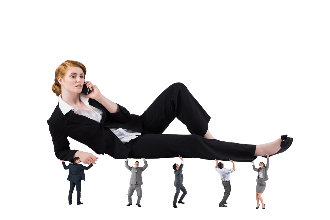 Transparent Businesswoman Lying on Tiny Colleagues and Talking on Phone