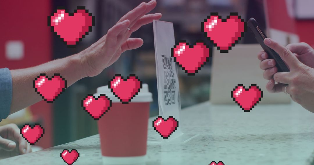 Digital Payment with Pixel Hearts in Cozy Cafe