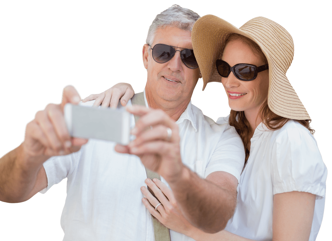 Happy Couple in Sunglasses Taking Selfie with Smartphone Transparent