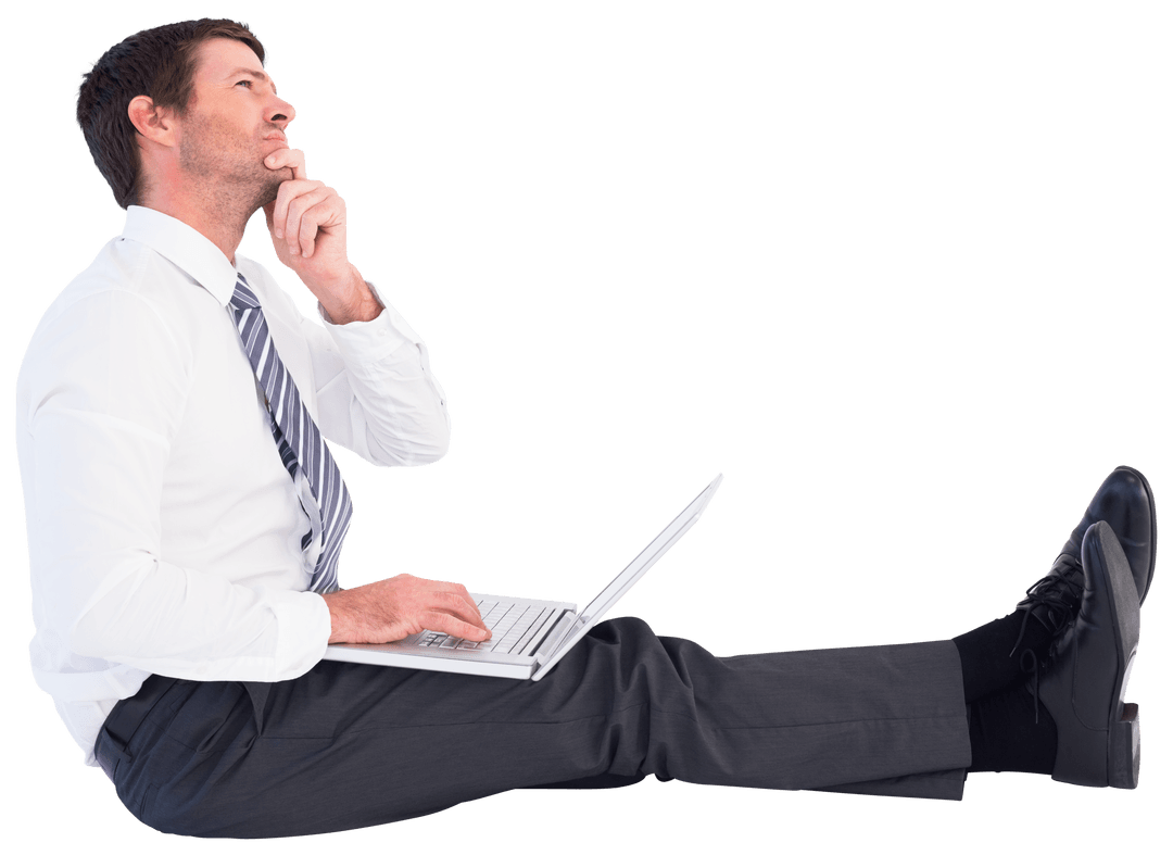 Thoughtful Businessman on Laptop with Transparent Background