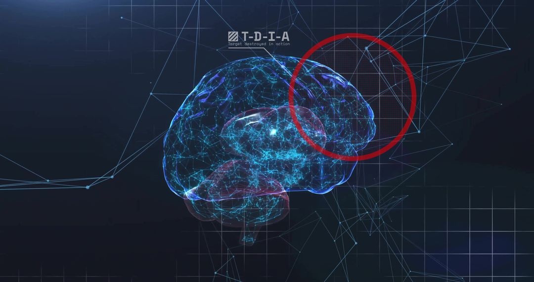 Wireframe Brain Imagery with Red Highlight on Digital Interface