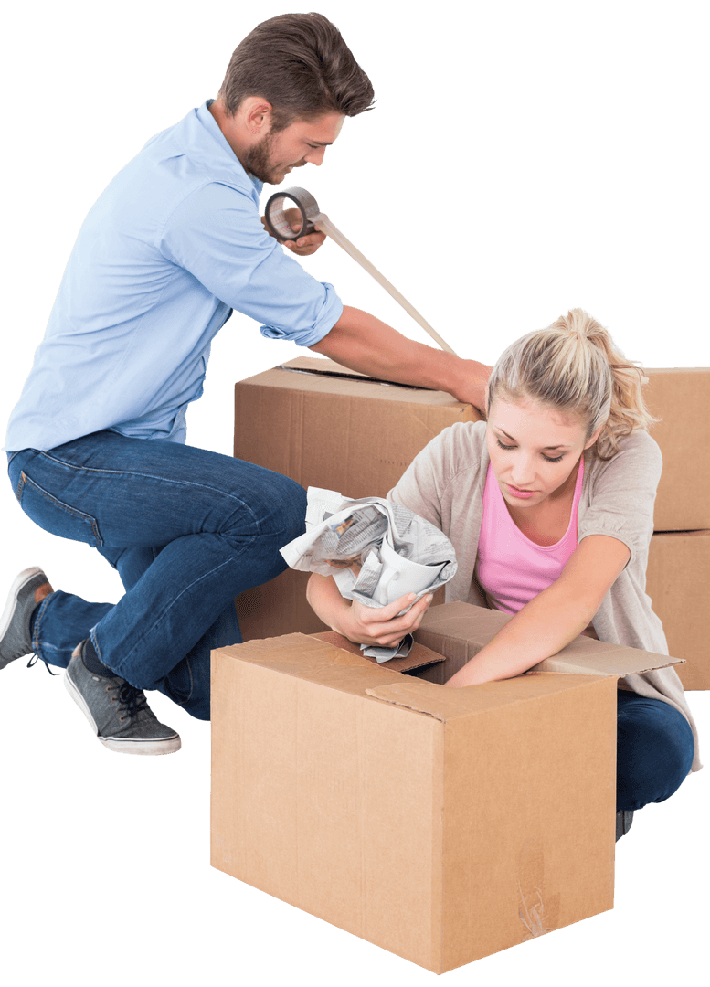 Transparent Young Couple Packing Moving Boxes at Home