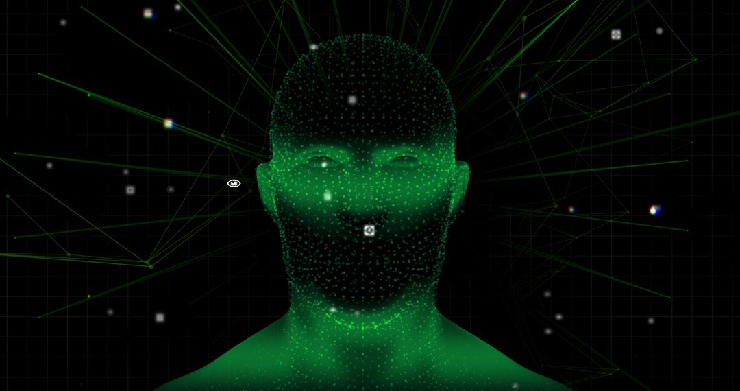 Futuristic 3D Glowing Human Head Model with Data Networks