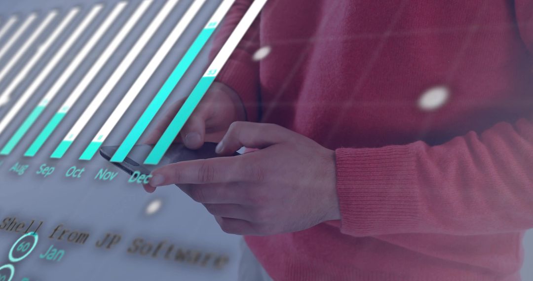 Hands Tapping Smartphone with Holographic Data Dashboard and Bar Chart Overlay for Teams