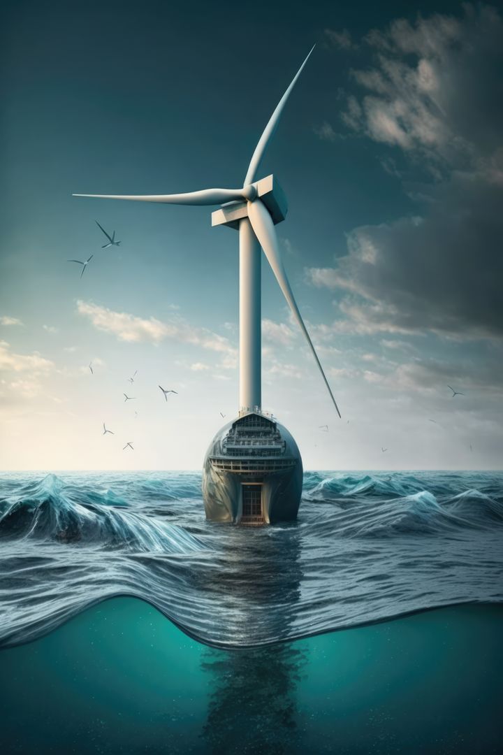 Futuristic Wind Turbine on Submerged City in Ocean - Free Images, Stock Photos and Pictures on Pikwizard.com