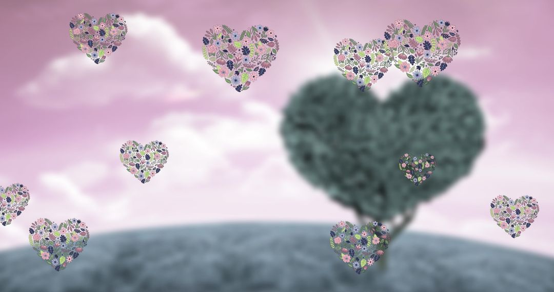 Heart Icons Floating Above Heart-Shaped Tree in Pastel Sky