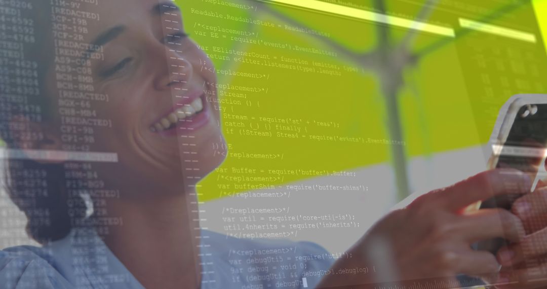 Caucasian Woman Enjoying Smartphone with Transparent Data Overlay