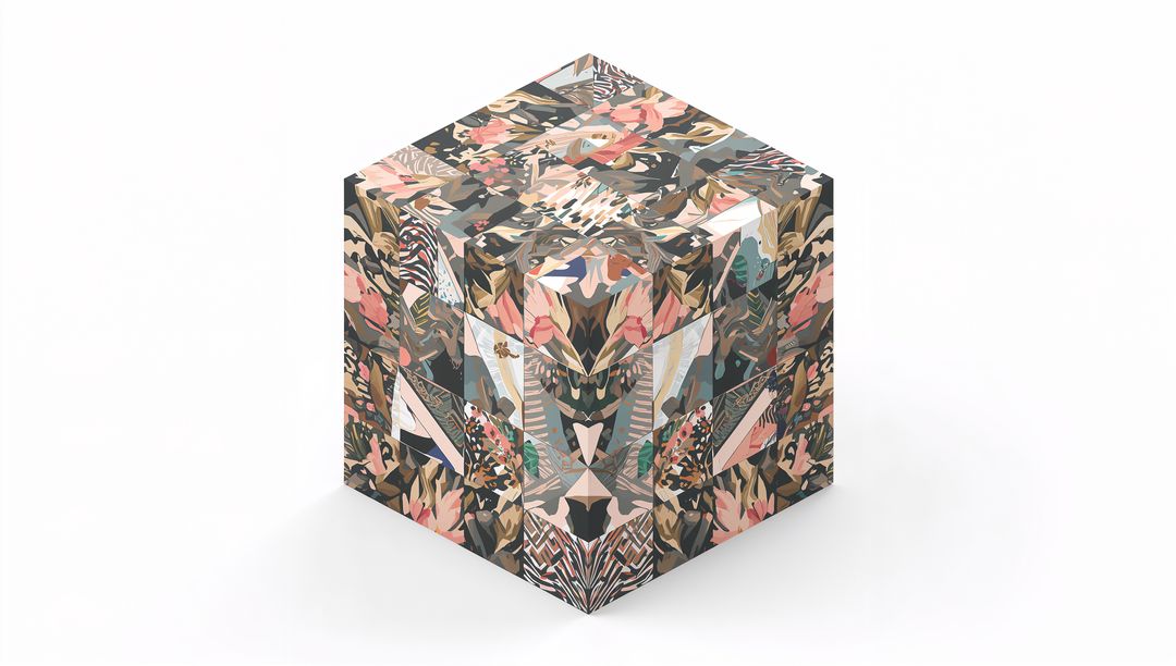 Kaleidoscopic Floral Geometric Cube Mockup with Pastel Earth Tones and Symmetric Pattern