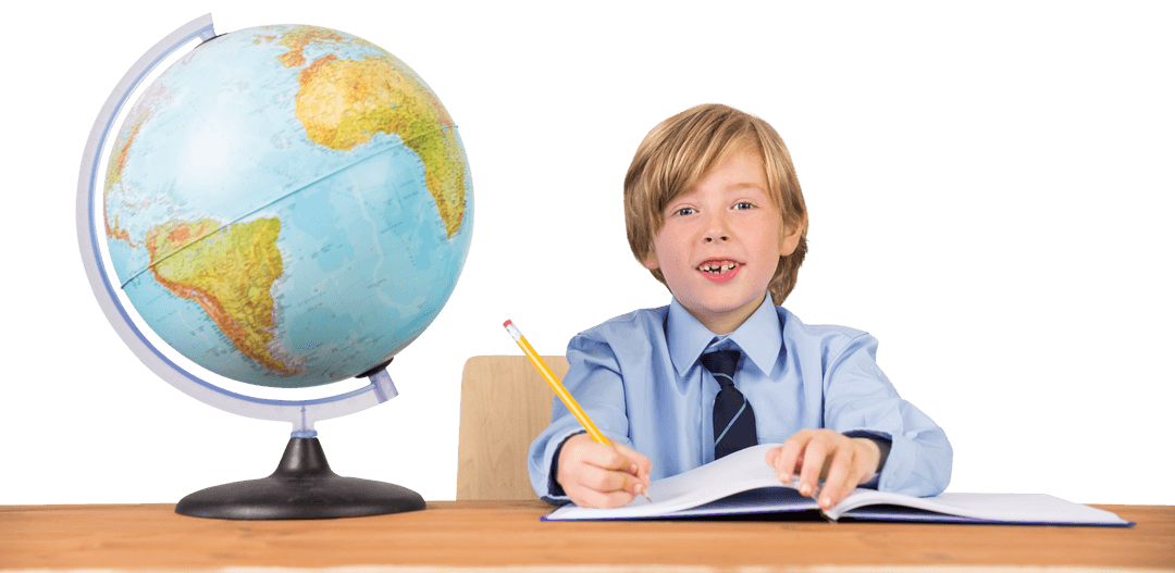 Happy Caucasian Schoolboy Studying with Globe Isolated Transparent