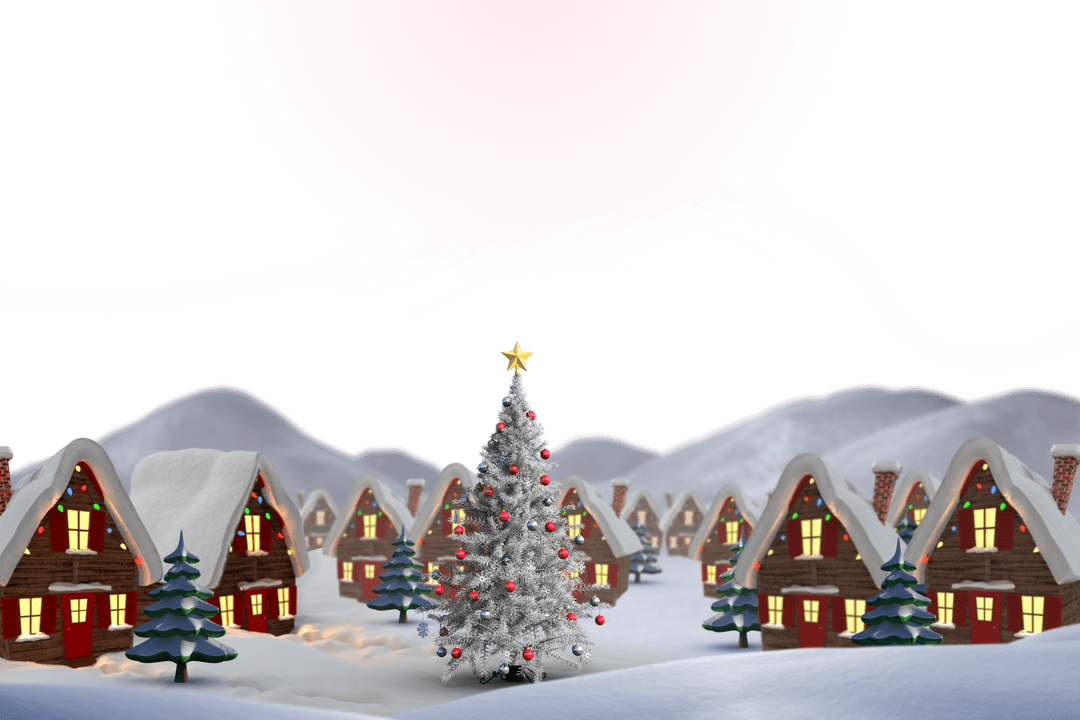 Winter Rustic Village and Snowy Roofs on Transparent Background