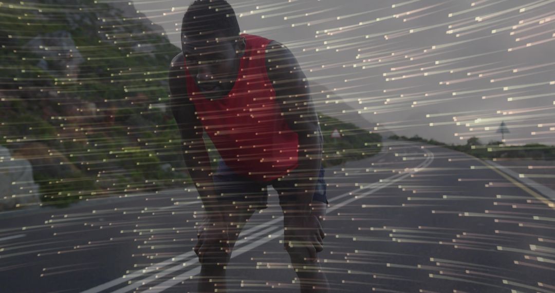 Runner bending forward on coastal highway with dynamic light streak overlay conveying endurance