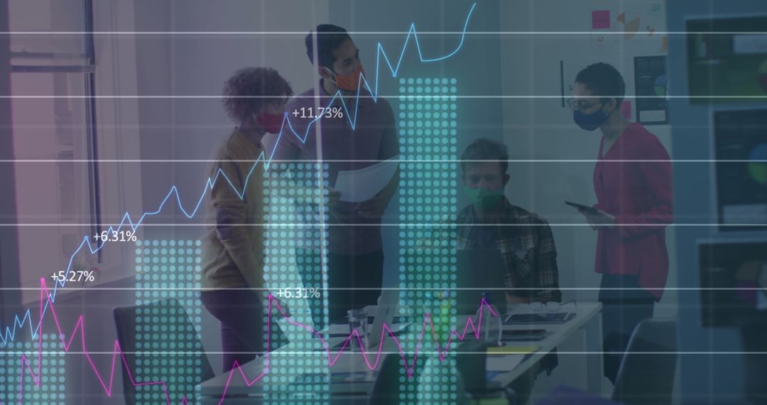 Colleagues Analyzing Data with Mask Precautions in Modern Office