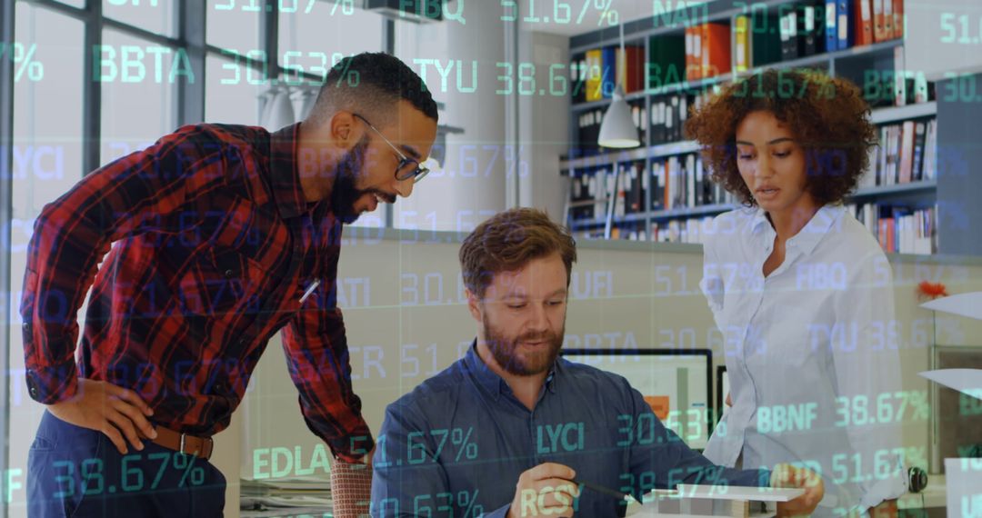 Business Team Collaborating with Digital Statistics Overlay