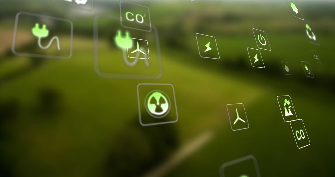 Floating Eco Icons Over Scenic Green Landscape
