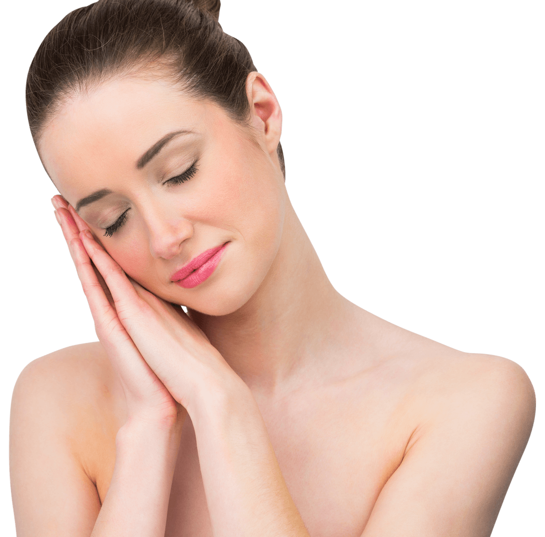 Peaceful Woman Relaxing with Hands on Cheeks on Transparent Background