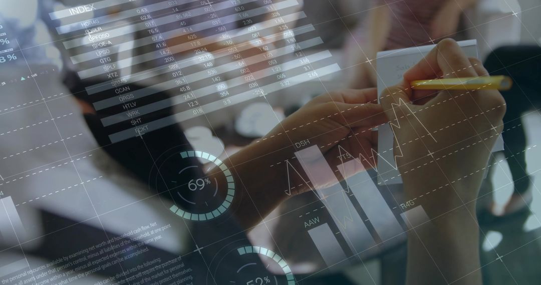 Financial Analyst Writing Notes with Overlaid Charts and Graphs