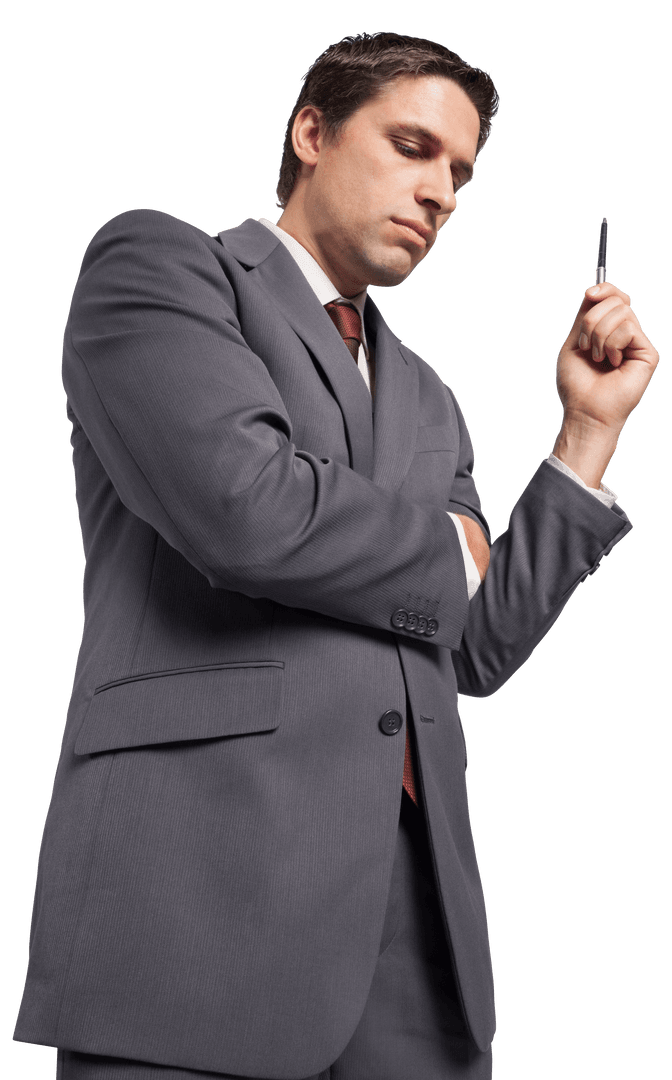 Thoughtful Young Businessman in Suit on Transparent Background