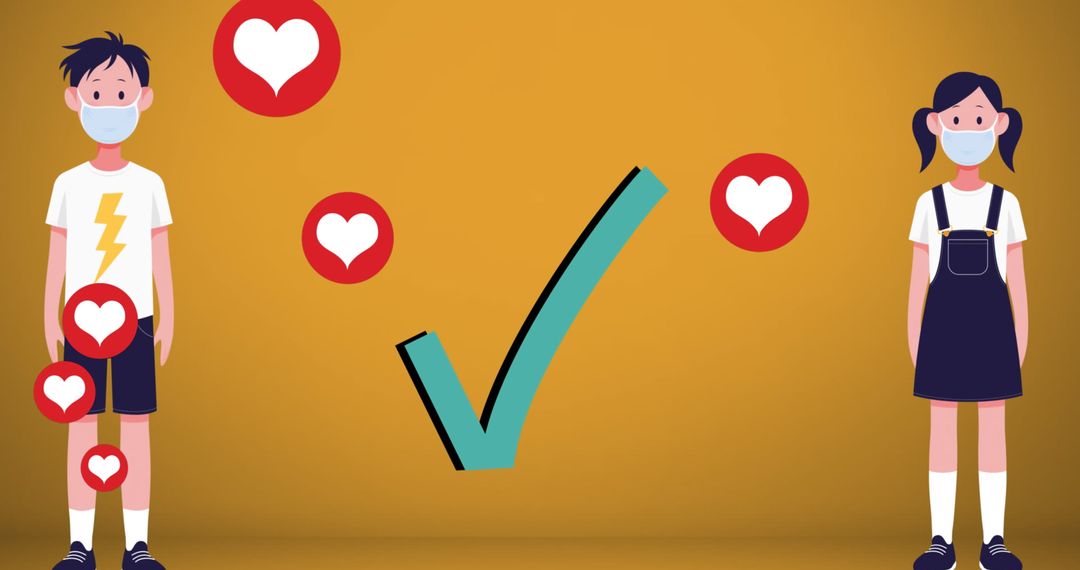 Children Practicing Social Distancing with Heart Icons