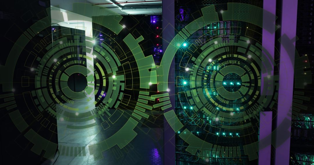 Futuristic Green Interface Circles in Server Room