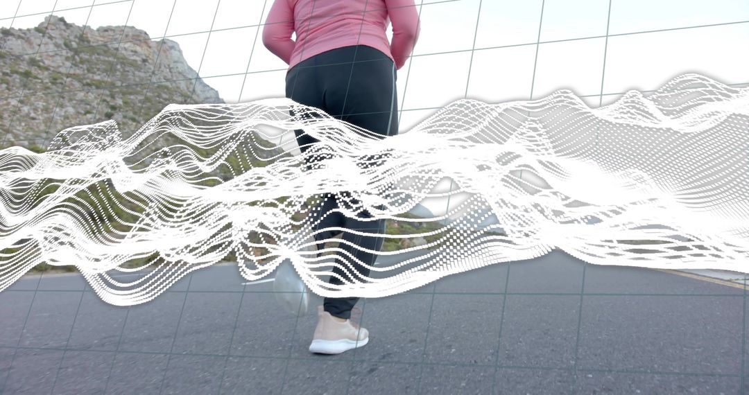 Runner on Mountain Road with Waveform Accents Showing Fitness Energy