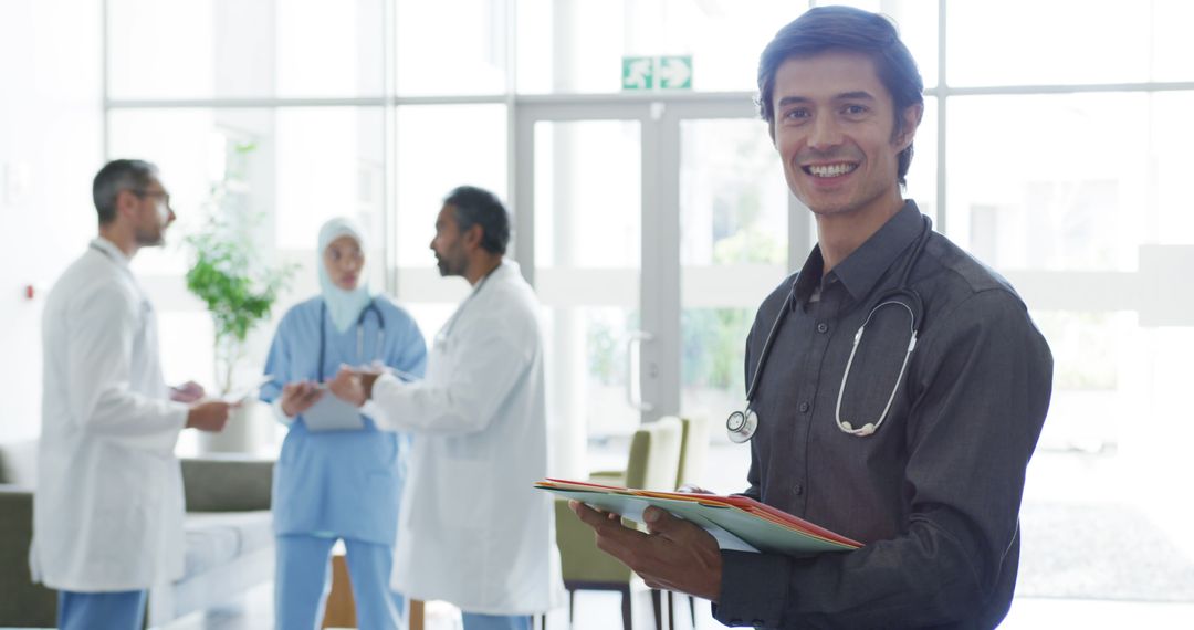 Smiling Doctor Holding Medical Records in Modern Hospital - Free Images, Stock Photos and Pictures on Pikwizard.com