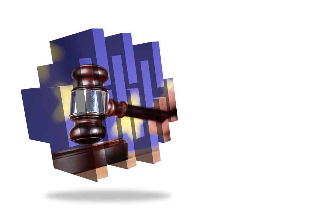 Transparent Gavel Striking Reflective Platform in Abstract Setting